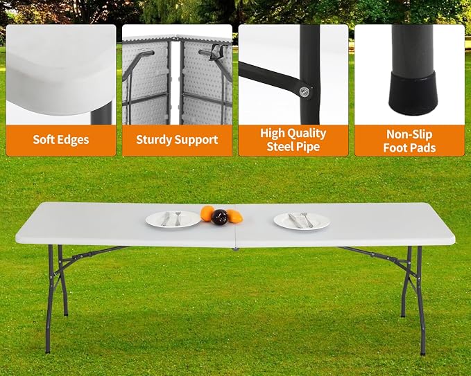 BestOffice 8 FT Picnic Table Plastic Camping Table Portable Square Height Folding Table Perfect for Picnics, Parties, Party and Camping, White