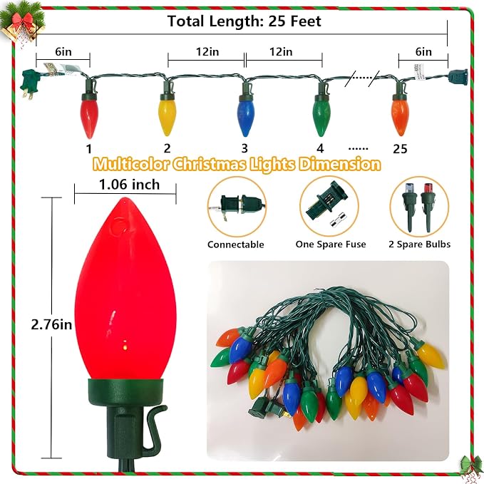 C9 LED Christmas Lights Outdoor, 25Ft Multicolor String Light with 25 LED Colored Light Bulbs, Vintage Christmas Lights for Indoor Outdoor Xmas Tree Roofline Party Wedding Patio Decor