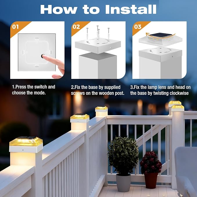 4x4 Solar Post Cap Lights Outdoor 1 Pack, 3 Color Modes/Dusk to Dawn/IP65 Waterproof, Fits 4x4 Vinyl/PVC Wood Posts Top, White LED Fence Topper Light for Deck, Mailbox