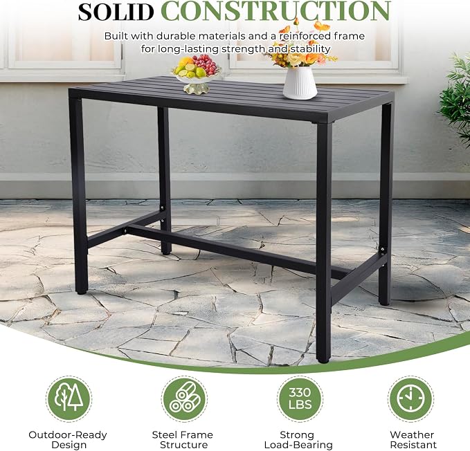 Outdoor Bar Table, Patio Counter Height Bar Table, 47" Rectangle Bar Table for Patio, Garden, Yard, Balcony, Poolside (Black, 47'')