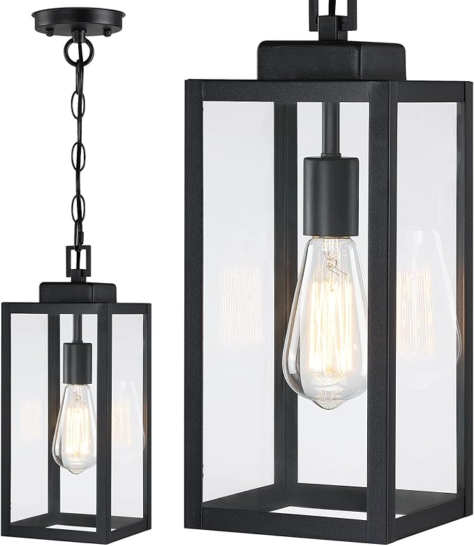 15'' Outdoor Pendant Light, Outside Chandelier Hanging Lantern, Black | Large, with Clear Glass, 1 Pack, Modern Exterior Pendant Lighting Fixture Ceiling Mount for Porch, Entryway