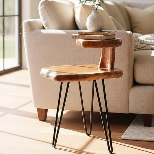 Double-Deck Cedar Solid Wood Coffee Table 16" x 16" x 26" H Natural Shape Accent Vintage Outdoor Side Tables Rustic Plant Stand Couch Live Edge End Tables for Living Room Sofa Patio Bedroom