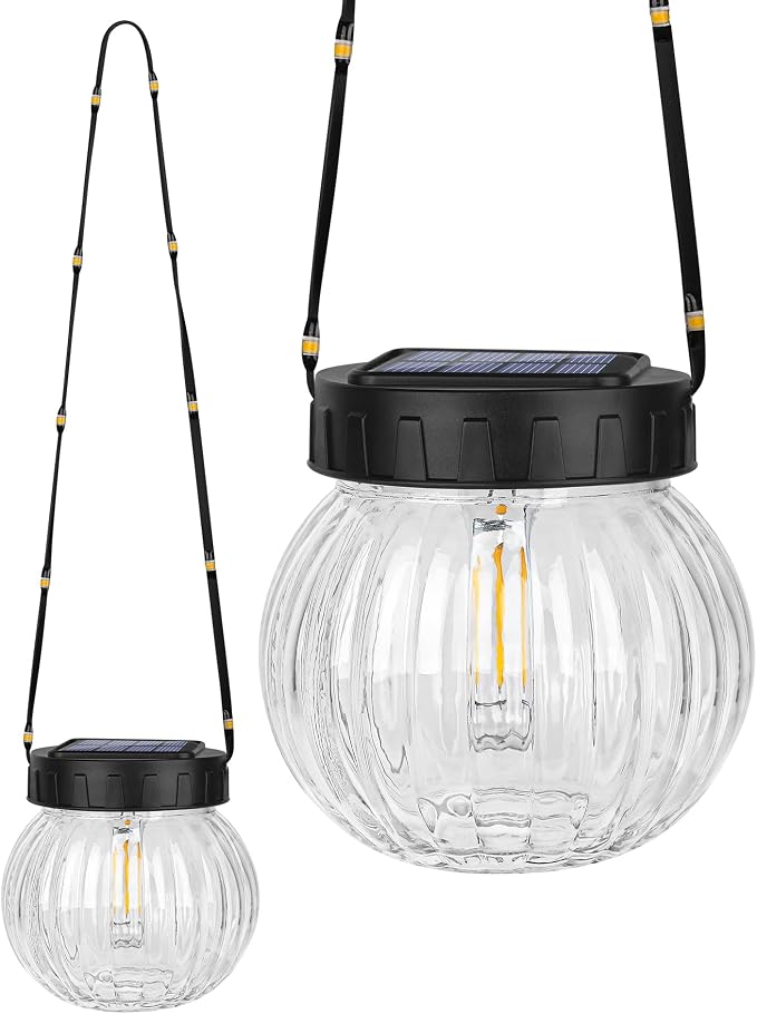 Solar Lights Outdoor Waterproof 12-Pack, Solar Powered Hanging Lantern Ribbed Glass Hanging Globes for Yard Decor Christmas Decoration, Shepherd Hook, Garden Tree Ornaments, Clear