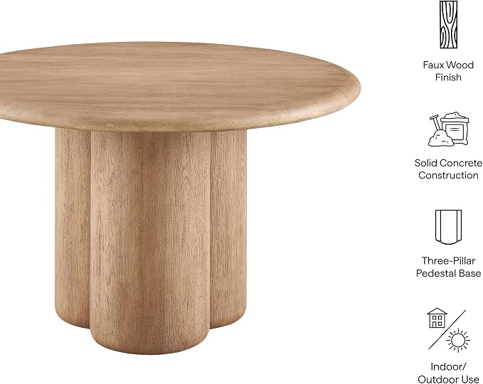 Modway Tori 48 Inch Round Concrete Outdoor Dining Table in Oak - Modern Patio Bistro Table, Seats 4, for Backyard, Balcony, Sunroom, Deck, Or Indoors