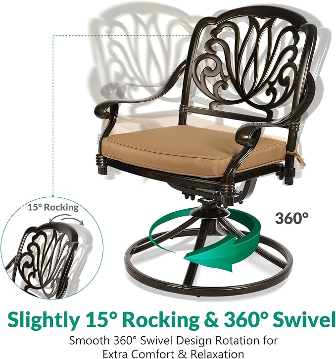 VIVIJASON 9-Piece Outdoor Furniture Dining Set, All-Weather Cast Aluminum Patio Conversation Set, Include 6 Stationary Chairs, 2 Swivel Dining Chairs and an Oval Table with Umbrella Hole