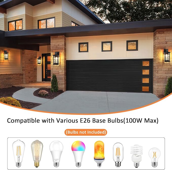 2-Pack Outdoor Wall Light Fixtures, Exterior Porch Lights, Black | Waterproof, Rust-Resistant, Aluminum Frame & Tempered Glass, Easy to Install, Ideal for Front Door, Garage