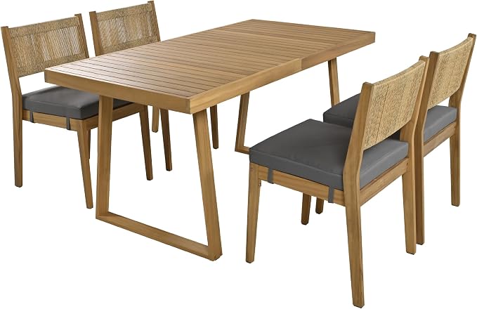 LUMISOL 5 Piece Outdoor Dining Table Set, Acacia Wood Dining Table and Chairs Set with Thick Cushions, Farmhouse Kitchen Table Set for Indoor and Outdoor, Grey