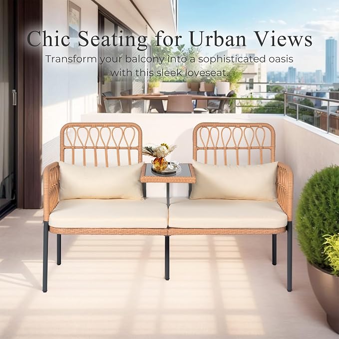PROHIKER ROHIKER Outdoor Patio Loveseat Rattan Loveseat 2-Seat Furniture with Built-in Table, Lumbar Pillows and Cushions, All-Weather Small Patio Couch for Balcony, Lawn, Backyard