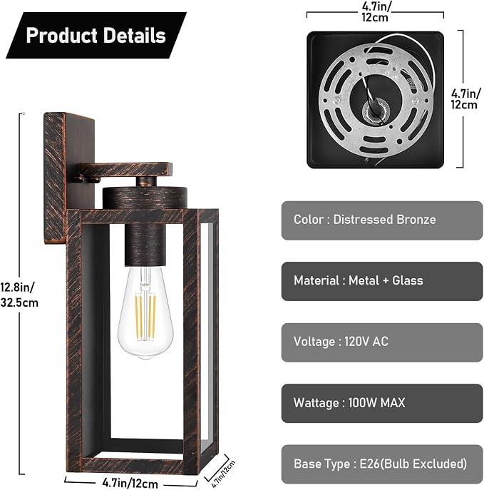 BesLowe Outdoor Wall Light Fixtures, Outside Porch Lights, Distressed Brown | Waterproof Metal Construction, Rust-resistant, Quick & Easy Installation, Clear Glass Shades & Standard E26 Socket