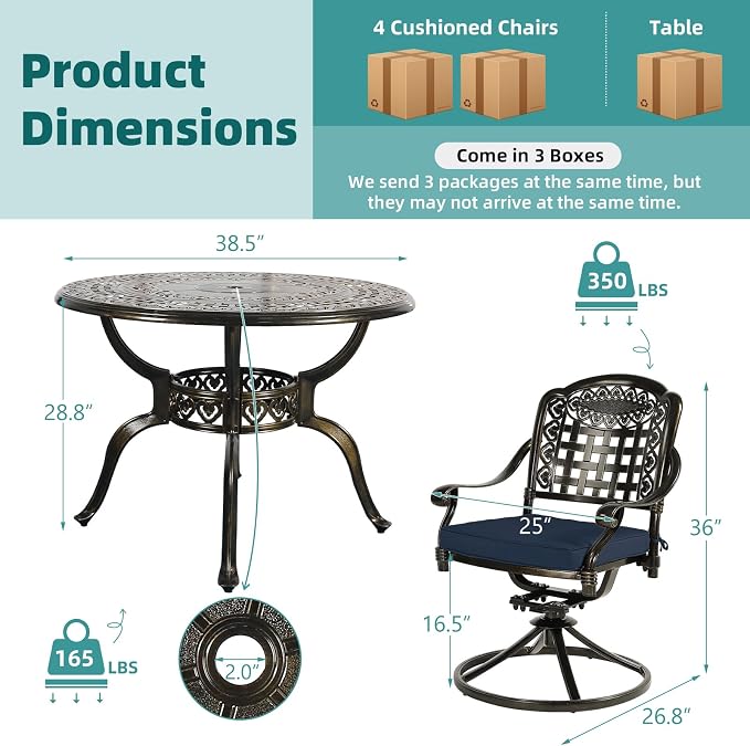 MEETWARM 5-Piece Outdoor Patio Dining Set, All-Weather Cast Aluminum Patio Conversation Set with 4 Cushions Swivel Rocker Chairs for Backyard Garden Deck and 38.5" Round Table, Navy Blue