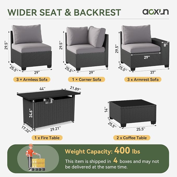 Aoxun Patio Furniture Sets with 44'' Fire Pit, 10 Pcs Outdoor Patio Coversation Set with 4'' Thicken Cushion and Coffee Table, Widen Armrests Wicker Outdoor Sectional for Backyard & Garden, Grey