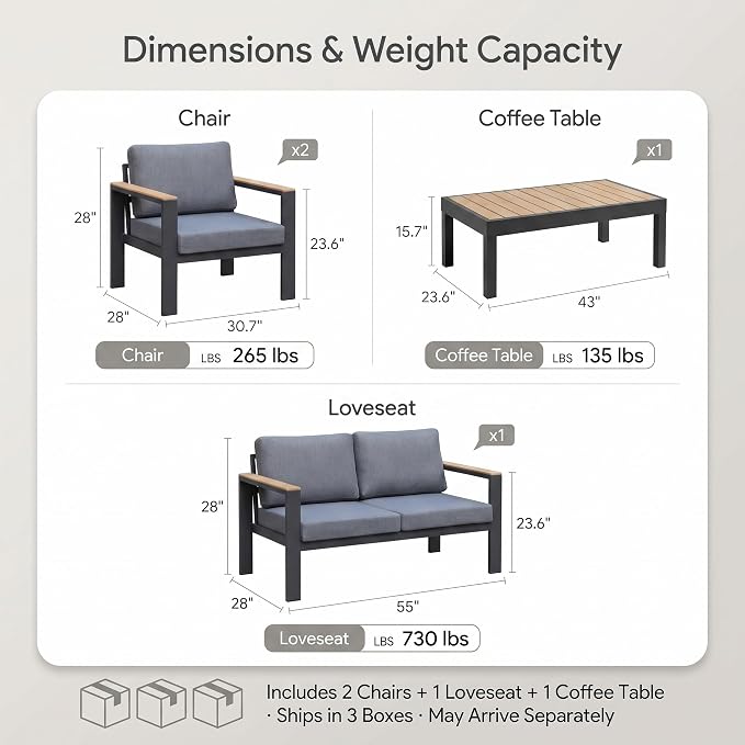 Outdoor Patio Furniture Set, 3-Piece Aluminum Conversation Set with 2 Chairs and Coffee Table, 5-Inch Water-Resistant Cushions, Powder-Coated Frame for Porch, Deck, Backyard, Gray