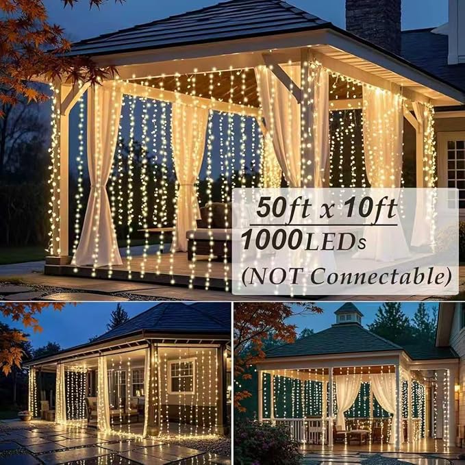 Solhice LED Curtain Lights Outdoor 50ft x10ft, 1000 LED Plug in Hanging String Lights Indoor Bedroom, Twinkle Light Backdrop for Outside Wedding Decor, Warm White (Not Connectable)