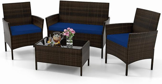 KOTEK 4 Piece Patio Furniture Set, Outdoor Rattan Conversation Set with Loveseat, Wicker Chairs, Tempered Glass Coffee Table, Wicker Patio Set for Backyard, Porch (Navy)