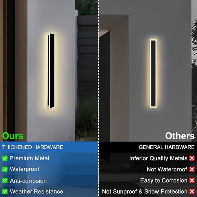 Modern Outdoor Wall Lights, 2 Pack 24 Inch Long Outdoor Wall Sconce | LED 3000K Exterior Sconce Black Outdoor Patio Light with Junction Box Cover, IP65 Waterproof Outside Wall Lights for House