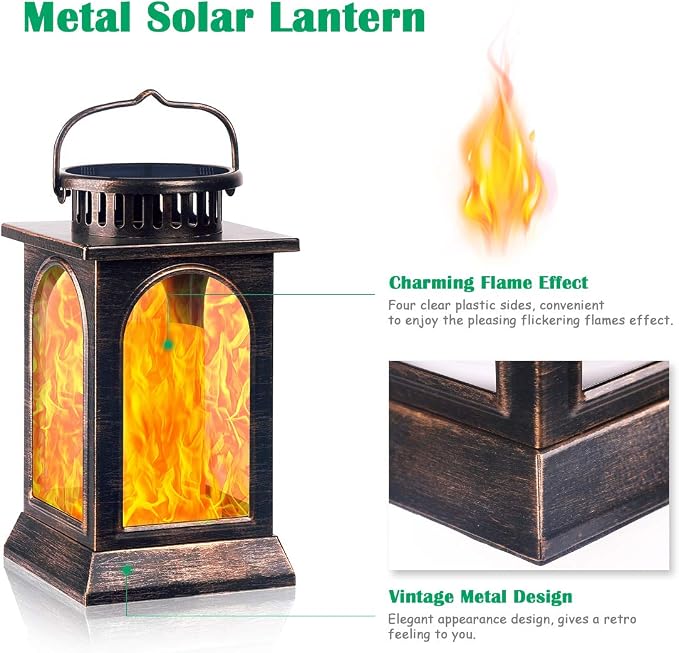 TomCare Flickering Flame Solar Lights Outdoor Metal Hanging Lantern, 2 Pack | Realistic Flame Effect, Charges in 6-8 Hours, 10-12-Hour Runtime, IP65 Waterproof, Auto On/Off for Patio, Garden and Porch