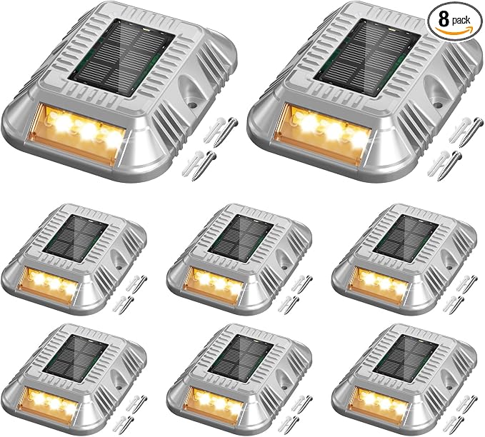 addlon Solar Dock Lights Marine 8 Pack, 2CCT Outdoor Driveway Marker Deck Lights, IP67 Waterproof, Solar Powered Deck Light for Pathway Warning Step Sidewalk Patio, Warm White & Cool White, FCC