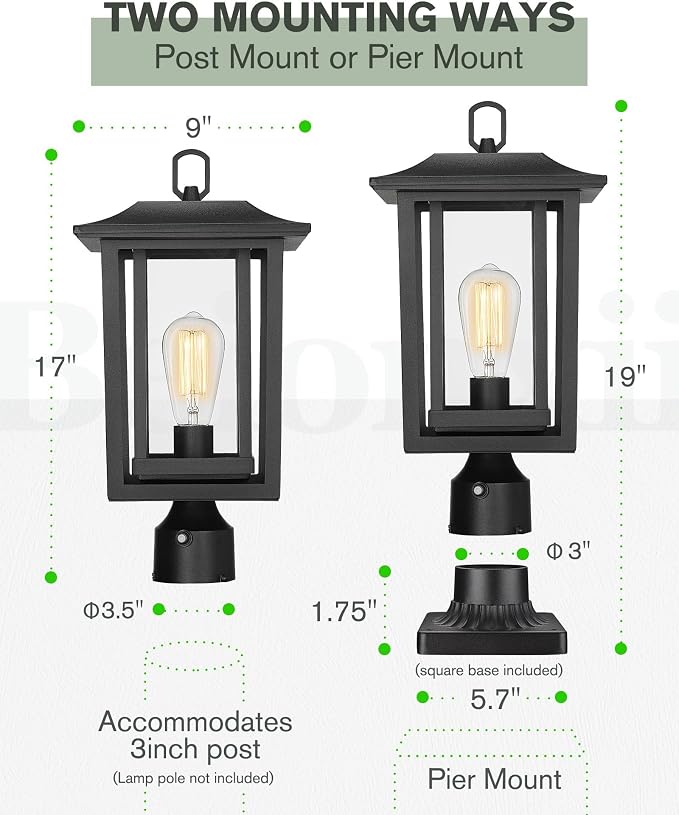 Beionxii 19Inch Dusk to Dawn Outdoor Post Lights,Lamp Post Light Fixture | Waterproof with Pier Mount Base,Anti-Rust Aluminum Lamp Posts Outdoor Lighting for Garden,Patio,Hardwired 120V,A197P-2PK/BS-N