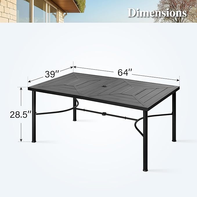 HERA'S HOUSE 64" Outdoor Dining Table with Umbrella Hole, Rectangular Patio Garden Backyard Lawn Table