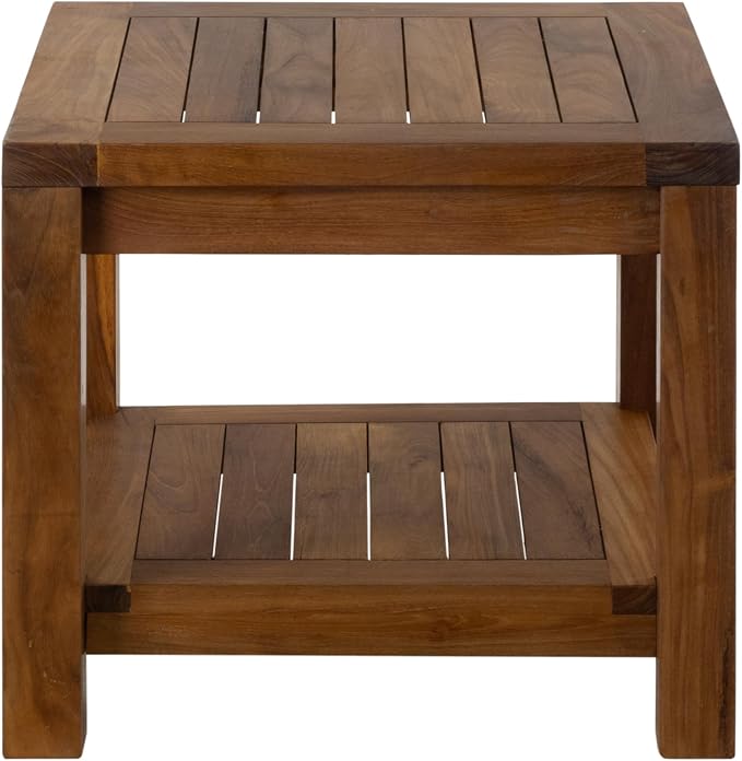 Teak Wood Side Table with Storage - Teak Oil Finish Indoor and Outdoor Wooden Furniture for Deck, Porch, Balcony, Living Room, Bedroom and Backyard (18" D x 18" W x 18" H)