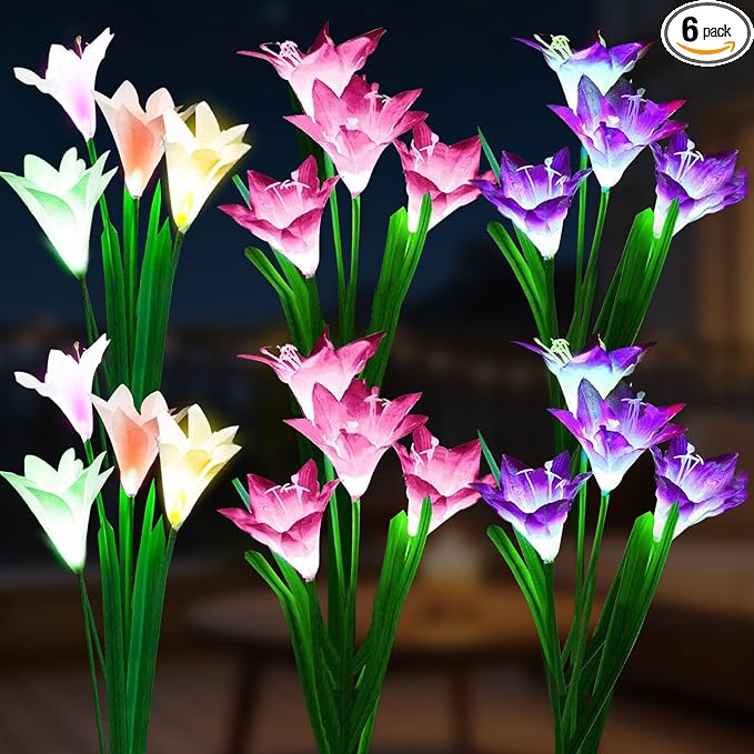 SOLARBABY Solar Lights Outdoor - Lily Flower Solar Garden Lights, 6 Pack Lights Outdoor Waterproof Multicolor Changing LED Flower with Bigger Lily for Patio Yard Pathway Balcony Outdoor Décor