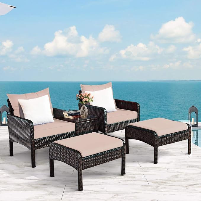 COSTWAY 5 PCS Patio Rattan Furniture Set, Outdoor Cushioned Sofa with Ottomans and Coffee Table, Wicker Conversation Set for Backyard Porch Lawn Poolsid, Beige