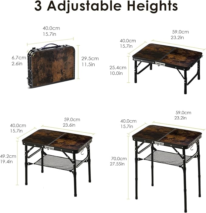 Folding Picnic Table 2ft Portable Camping Table Adjustable Heights Metal Aluminum Lightweight Foldable Small Card Table with Carry Handle for Indoor Outdoor Camp RV BBQ Beach
