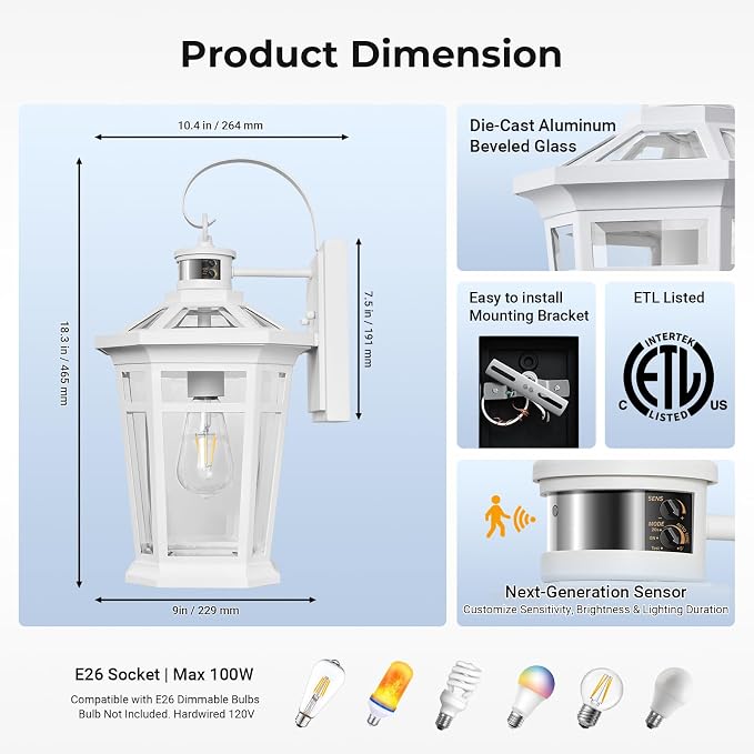 VIANIS Motion Sensor Outdoor Light fixtures Wall Mount, Large Aluminum Dusk to Dawn Outdoor Wall Lantern, White Waterproof Porch Lighting, Modern Exterior Lighting Fixtures for Patio, House