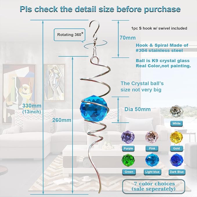 Fonmy Gazing Ball Spiral Tail -Decorative Wind Spinner Sun Catcher Rainbow Maker 11 inch Tail and 2 inch Peacock Blue Crystal Orb. Indoor Outdoor Garden Decoration -13 inch Height