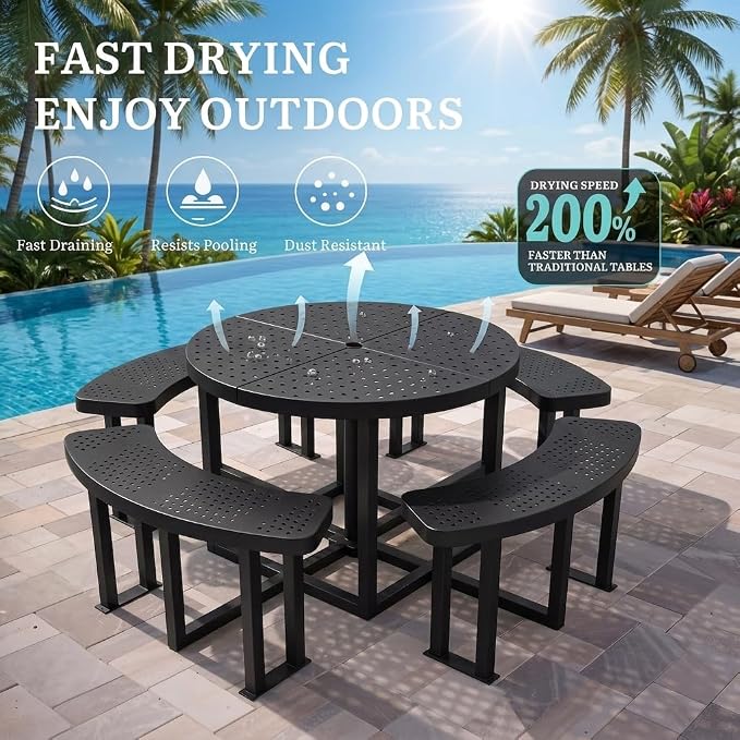 DWVO 38" Round Metal Picnic Table with Umbrella Hole - Heavy Duty Q235 Carbon Steel Outdoor Table Set for Patio, Backyard, and Lawn - Industrial Steel Construction