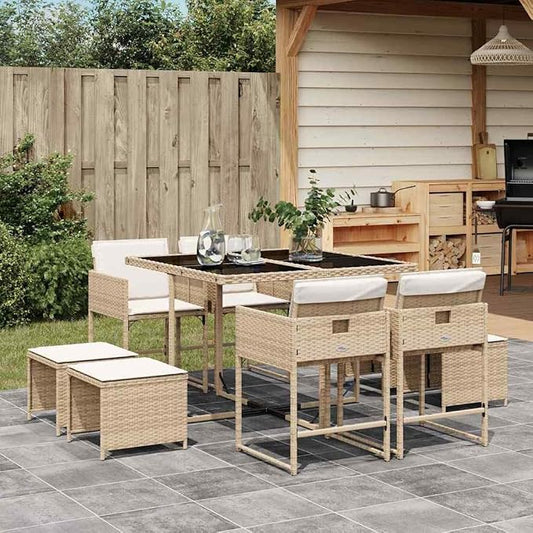 9 Piece Patio Dining Set with Cushions Beige Poly Rattan Outdoor Table and 4 Chairs with Stools Space-Saving Foldable Backrest Glass Top Tempered UV-Proof Garden Furniture for Backyard Lawn Deck