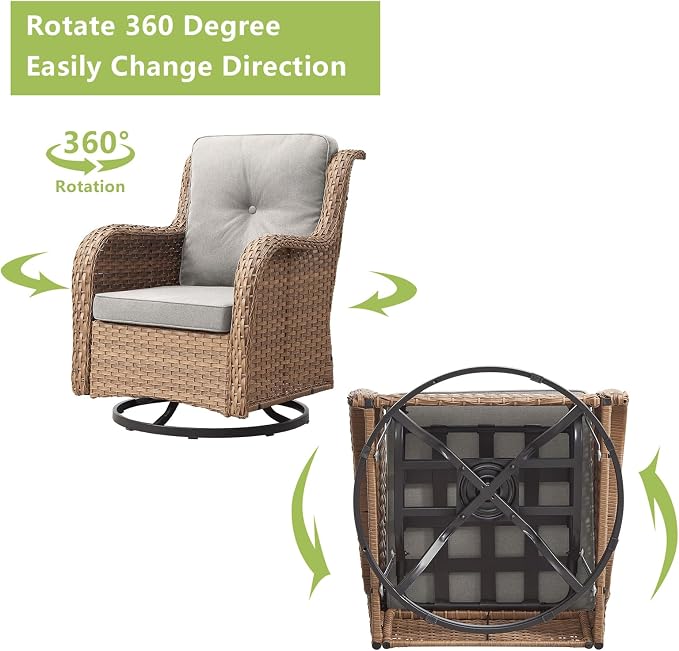 Outdoor Wicker Patio Furniture Set - 6 Piece Rattan Patio Conversation Set with 2 Rocking Swivel Chairs,2 Ottomans,1 Loveseat and 1 Side Table for Porch Deck Backyard Garden(Yellow/Beige)