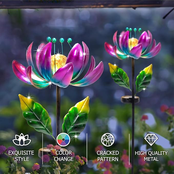 AIINY Solar Purple Metal Flower Wind Spinners, Colorful Spinning Windmill Lotus Yard Art Lights Wind Pinwheels with LED Crystal Ball Decorative Stake Lighting Flower Sculpture