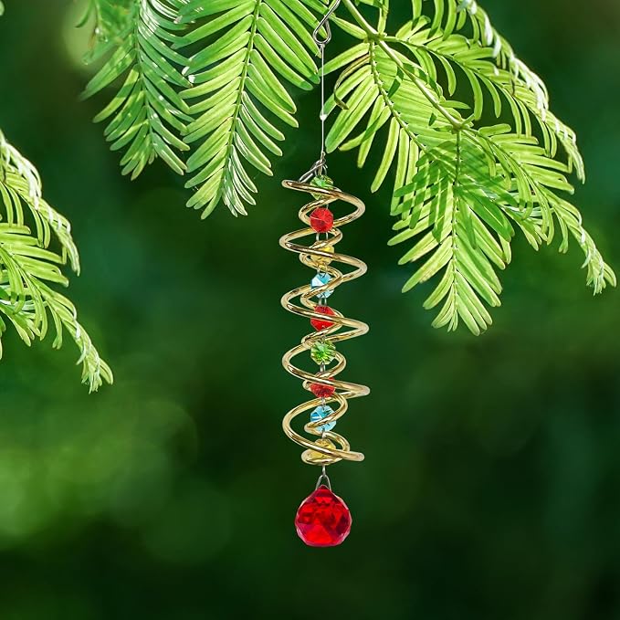 FONMY Gazing Ball Spiral Tail Decorative Wind Spinner Sun Catcher Rainbow Maker Golden Double-Spiral W/Red Crystal Ball and Chain Crystals for Indoor Outdoor Garden Decoration -14 inch H