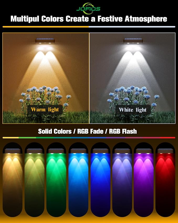 JOFIOS Solar Fence Lights 8 Pack Brown, 50 Lumens Outdoor Fence Lights Solar Powered with 12 Modes RGB Color Glow, LED Deck Lighting Outdoor Waterproof IP65, Backyard, Deck, Porch, Railing, Pool, Wall