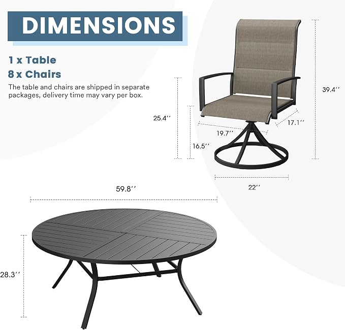 DIFY 9 Piece Outdoor Dining Set, Metal Patio Table and Chairs Set, 59.8" Black Round Dining Table & 8 Brown Padded Textilene Swivel Patio Chairs, Outdoor Furniture Set for Garden Backyard Porch