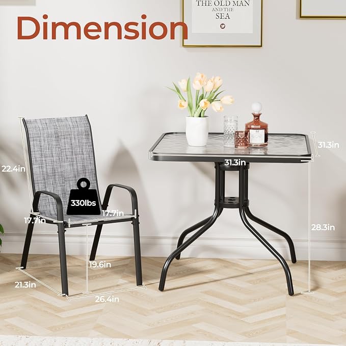 TLSUNNY Patio Dining Set 5 Pieces, All Weather Outdoor Furniture W/30"X 30" Table and 4 Stackable Textilene Chairs, Metal Table and Chairs for Lawn, Garden, Poolside, Backyard (Umbrella not Included)