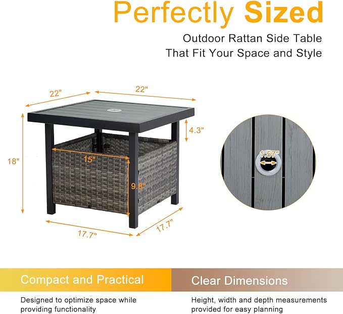 Outvita Outdoor Side Table with Umbrella Hole, Rattan Umbrella Stand Table with 1.6" Umbrella Hole for Patio Yard Balcony Porch Poolside