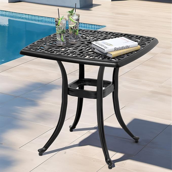 Outdoor Side Table Cast Aluminum Metal Table Weather Resistant Small Patio Table for Garden, Pool, Balcony Table