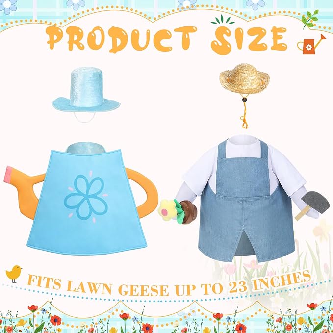 FuWeave 2 Set Porch Goose Outfit Spring Gardener Goose Clothes with Small Flower Pot for 23" Cement Outdoor Patio Yard Decor(Watering Can)