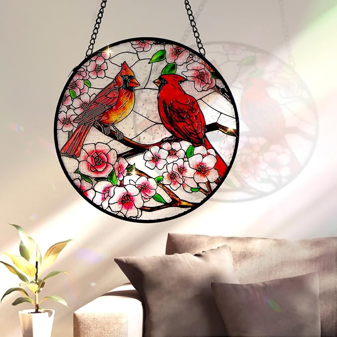 Remiawy Cardinal Stained Glass Window Hanging, 6 Inch Glass Panel with Metal Chain and Hooks Window Hanging Indoor Window Wall Art Home Decor Gift for Bird Lovers Women Mother's Day Christmas