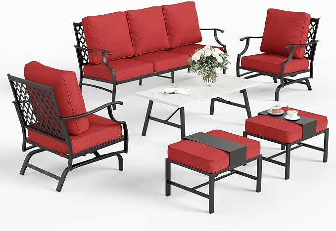 SUNSHINE VALLEY 6 Piece Metal Outdoor Patio Furniture Set, Patio Conversation Set 1 3-Seater Sofa, 2 Rocking Chair, 2 Ottomans with 5.75" Thick Cushion and Coffee Table, Black Backyard Furniture, Red