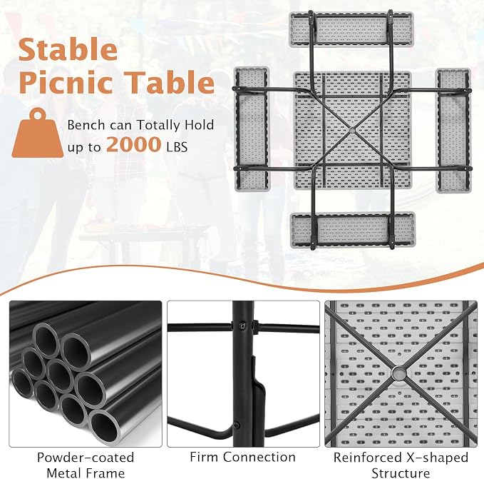 Giantex Picnic Table Bench Set for 8 Persons, Square Outdoor Table with Umbrella Hole, HDPE Top & Metal Frame, 2000LBS Capacity, Patio Table Bench Set for Deck Backyard Garden, Gray