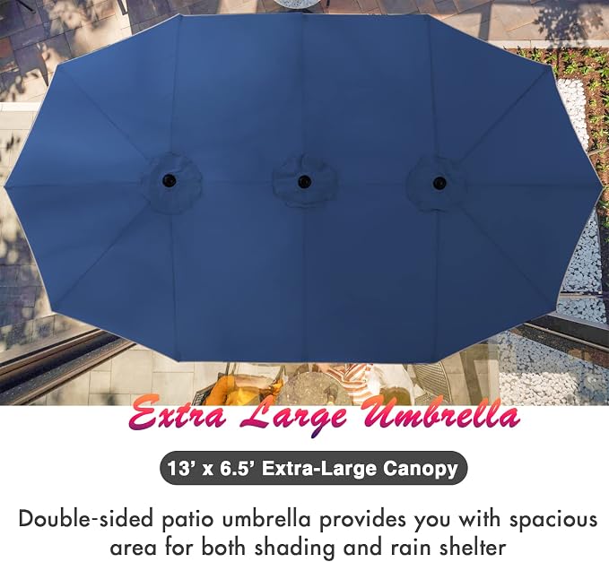 PHI VILLA 7 Pcs Patio Dining Set w/Umbrella, 6 Stackable Chairs | 60” Rectangular Metal Dining Table & 6 Stackable Metal Chairs & 13ft Large Navy Umbrella for Outdoor, Deck, Yard, Porch