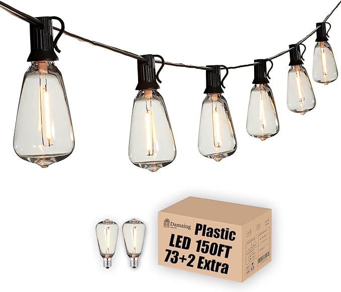 Outdoor String Lights 150FT Waterproof Outside Patio Lighting for Backyard | 150FT Connectable Outdoor Lights,75 Plastic Dimmable ST38 Edison Bulbs for Porch Bistro Garden Gazebo Balcony Cafe Deck Yard