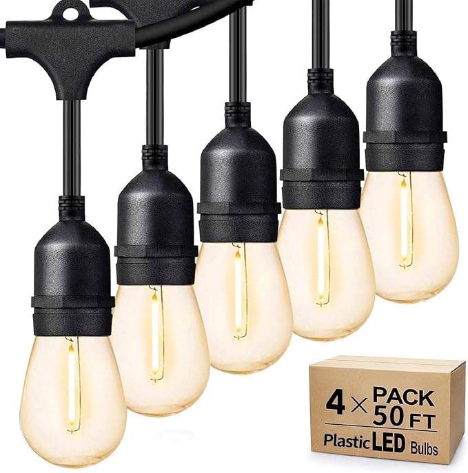 Svater Outdoor String Lights for Outside 200 FT Waterproof Commercial Grade | Patio Hanging Lighting with Plastic E26 S14 Dimmable Vintage Bulbs, Connectable for Bistro Cafe Market (50*4)