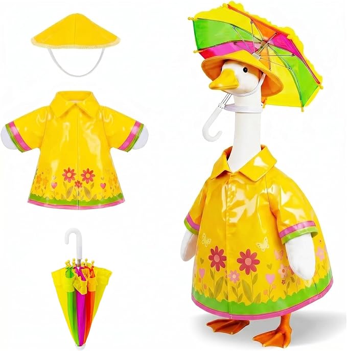 Funny 3-Piece Raincoat Porch Goose Outfits, Yellow Floral Raincoat, Rainbow Umbrella & Sun Hat, Lawn Goose Costume Set for 23" Statue, Summer Yard Goose Clothes Set, Outdoor Patio Garden Decoration