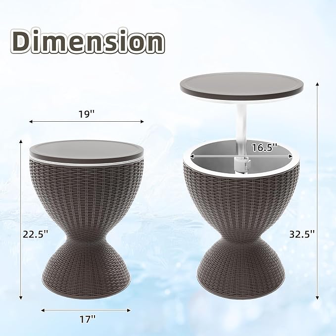 Patio Cool Bar Table, Height-Adjustable Outdoor Bar Tables 8 Gallon Beer and Wine Cooler, 3-in-1 Rattan Style Ice Cooler with Drainage Plug for Pool Party (Grey)