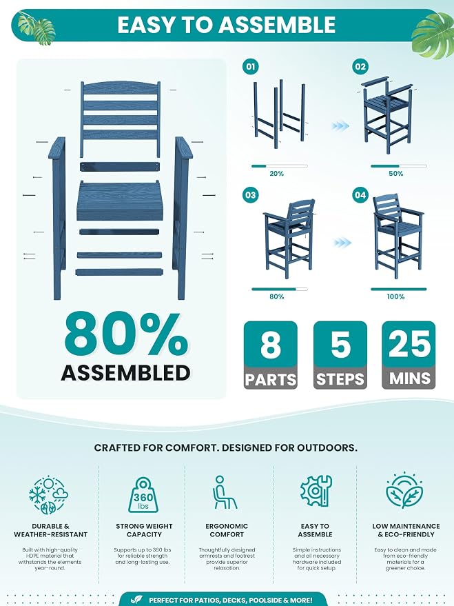SERWALL Tall Adirondack Chairs Set of 2, Balcony Adirondack Chairs Set, Outdoor Bar Height Widened Chair Set for Bistro, Poolside, Garden, Blue