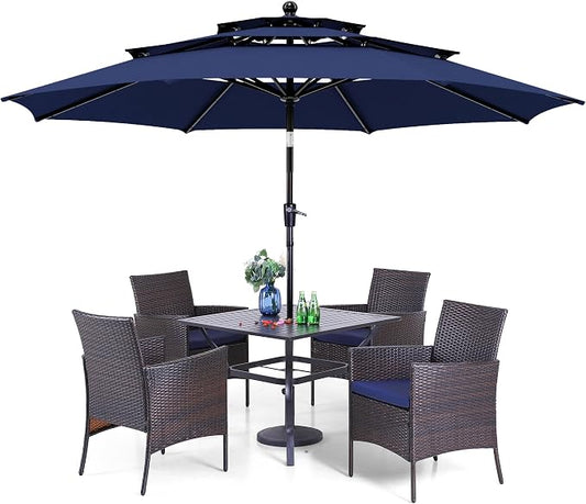 PHI VILLA 5pc Patio Dining Set with Umbrella, Square Table, Rattan Chairs | Outdoor Dining Set for 4, 37" Metal Table & 4 Cushioned Rattan Chairs with Blue Umbrella for Outdoor, Deck, Yard, Porch